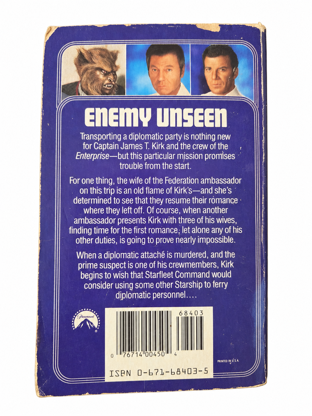 Star Trek Enemy Unseen back cover showing chipped torn edges and ISBN
