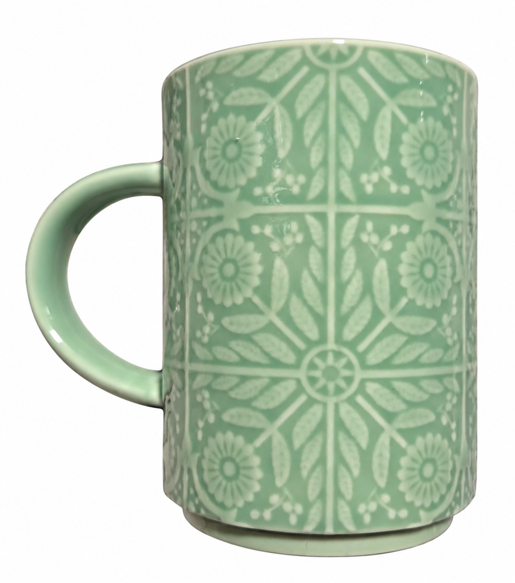 Starbucks mint green floral tile 12 oz mug back on white background
