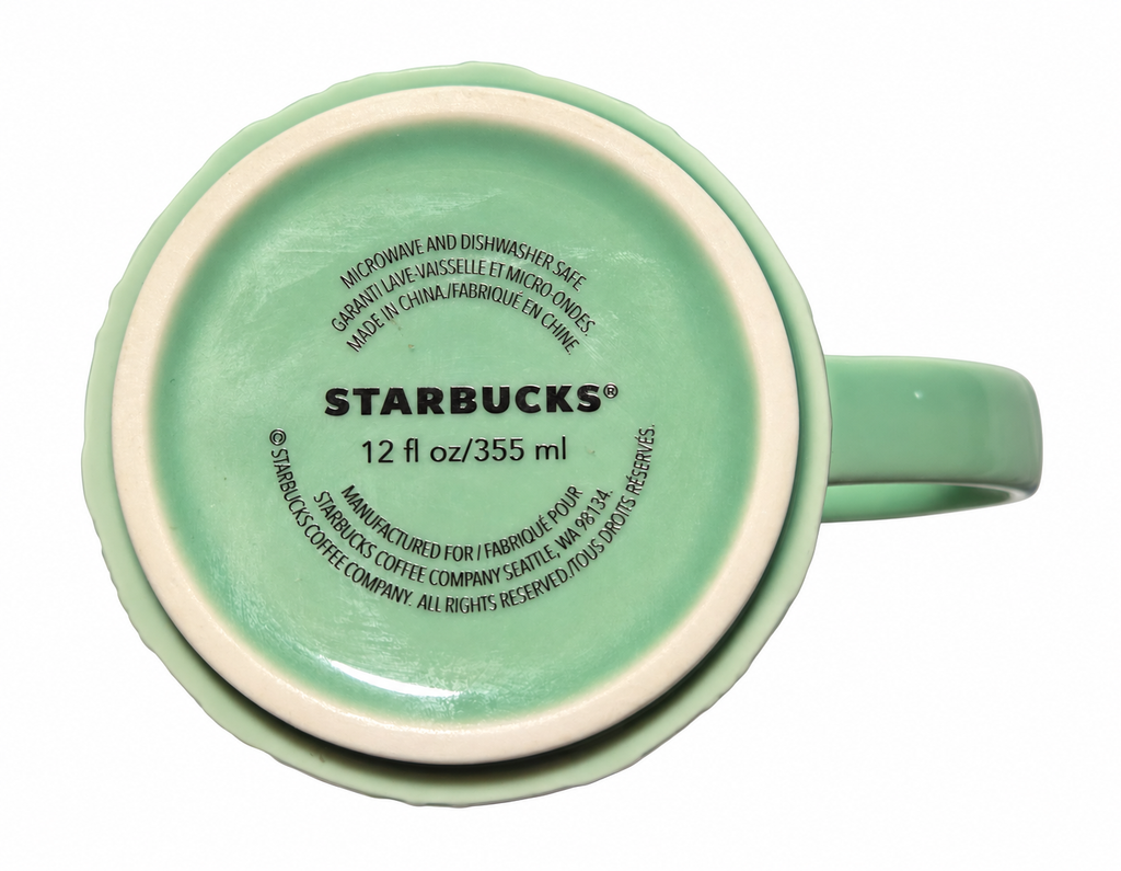 Starbucks mint green floral tile 12 oz mug base markings on white background