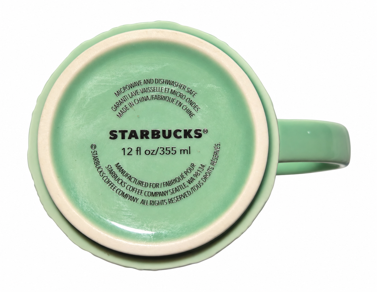 Starbucks mint green floral tile 12 oz mug base markings on white background