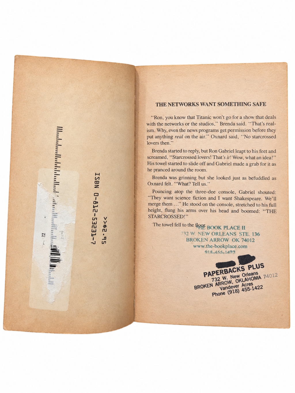 The Starcrossed inside cover showing label residue and bookstore stamps
