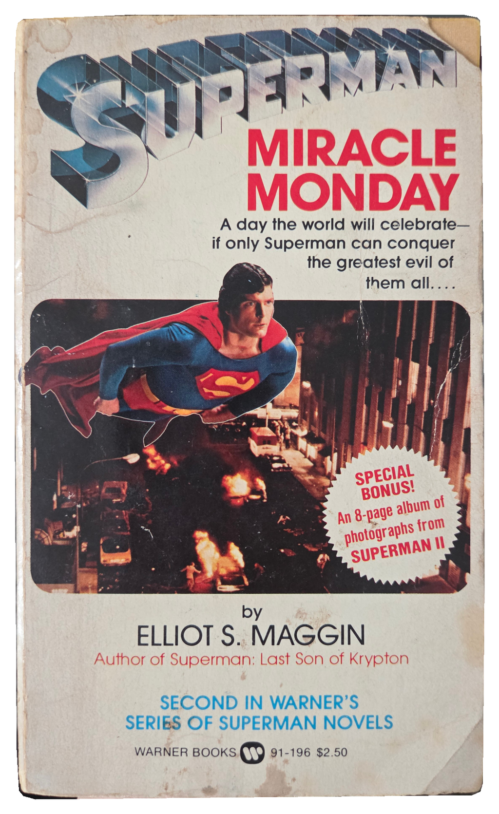 Superman Miracle Monday original front cover showing staining and creases on white