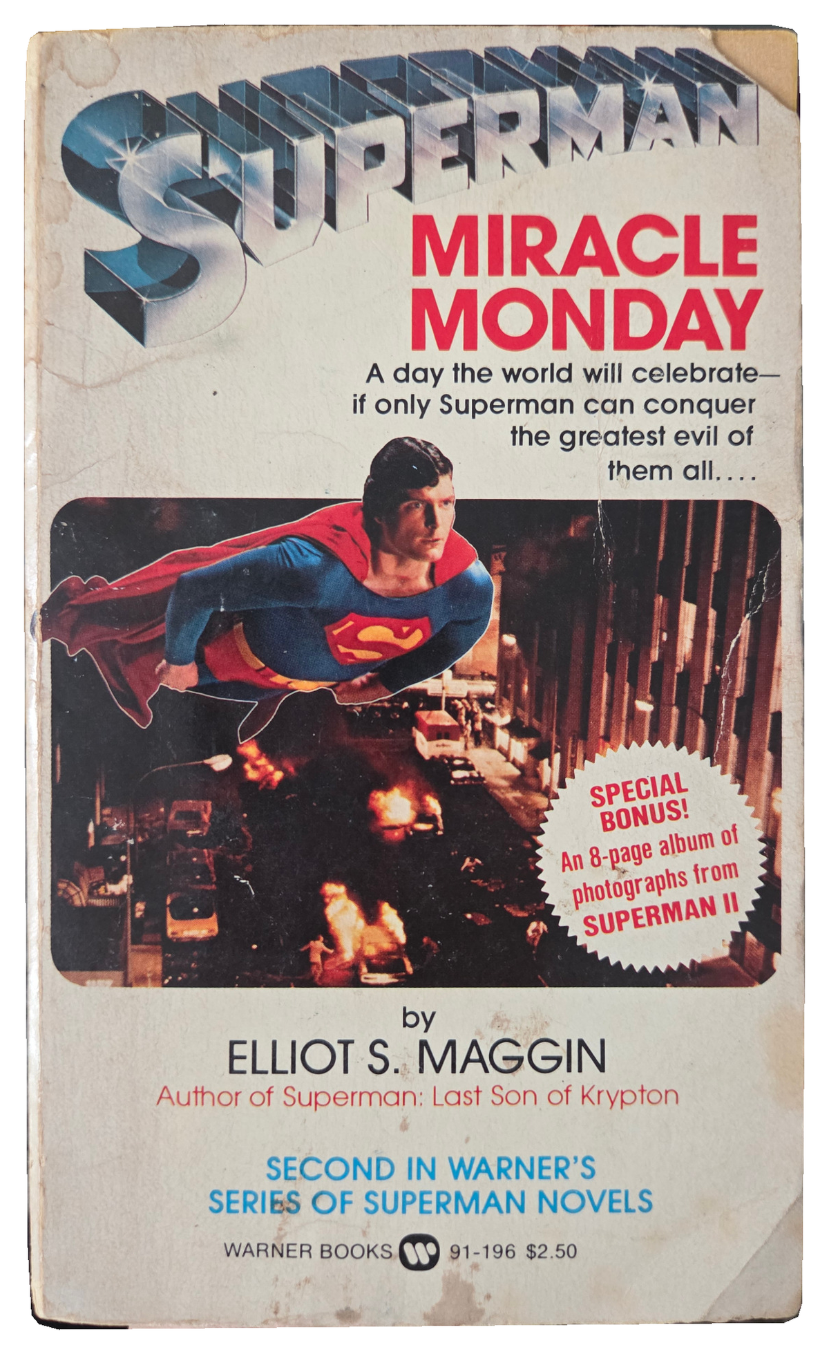 Superman Miracle Monday original front cover showing staining and creases on white