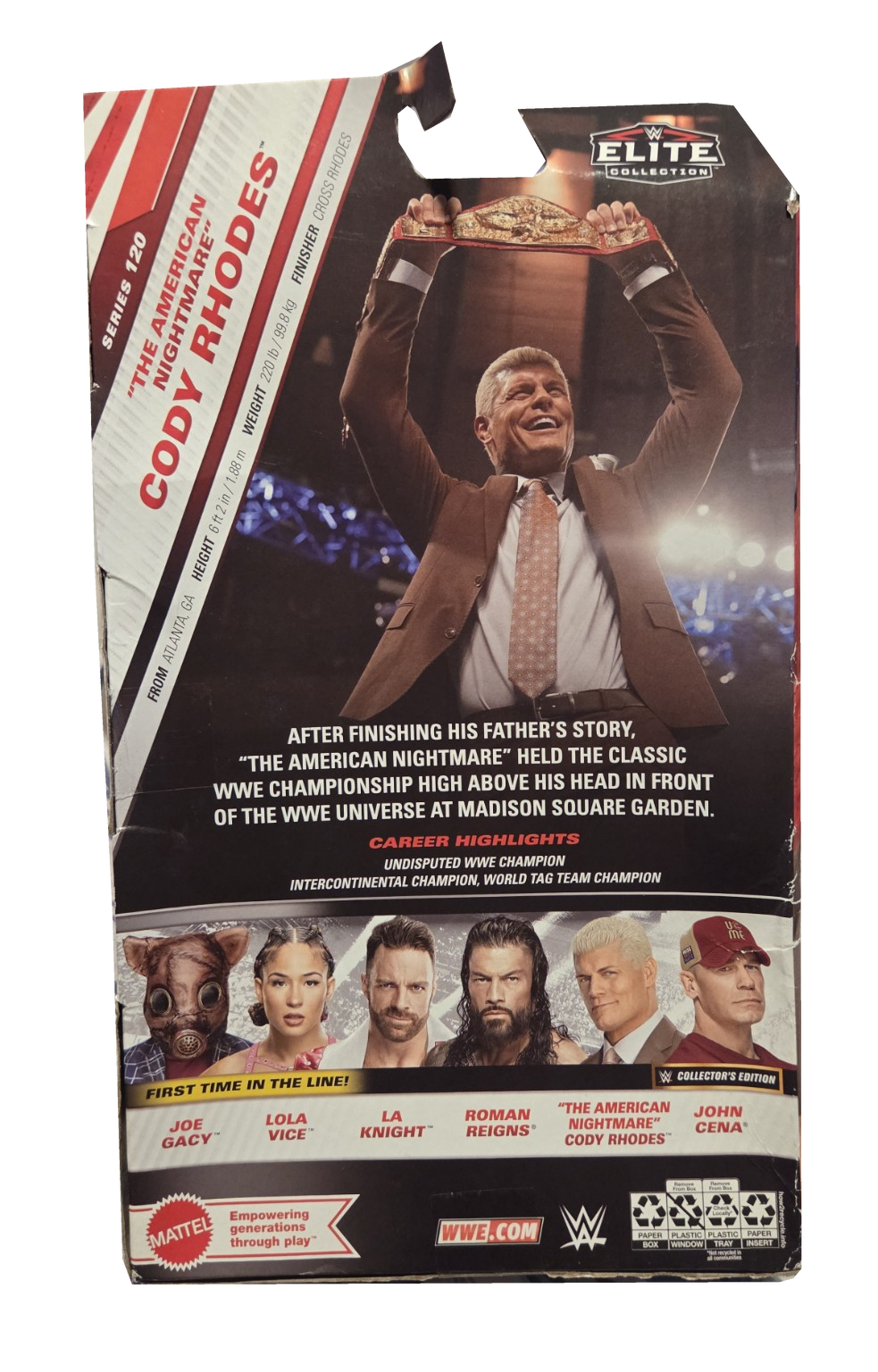 WWE Elite Series 120 Cody Rhodes brown suit boxed figure back on white background, packaging wear visible