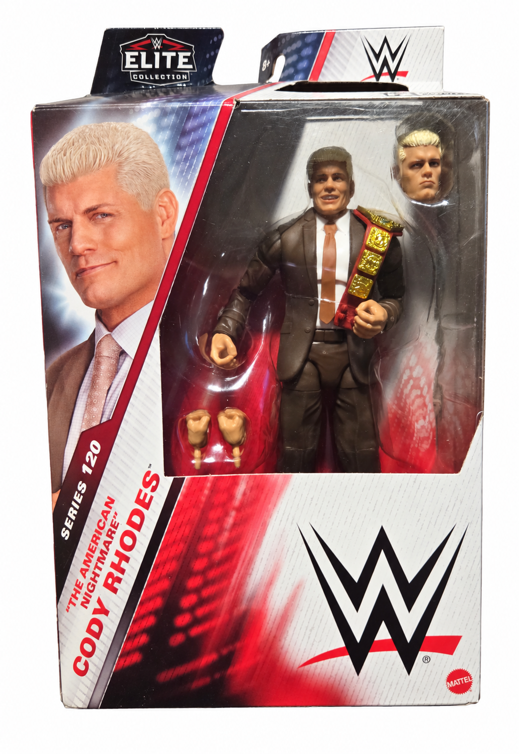 WWE Elite Series 120 Cody Rhodes brown suit boxed figure front on white background, packaging wear visible