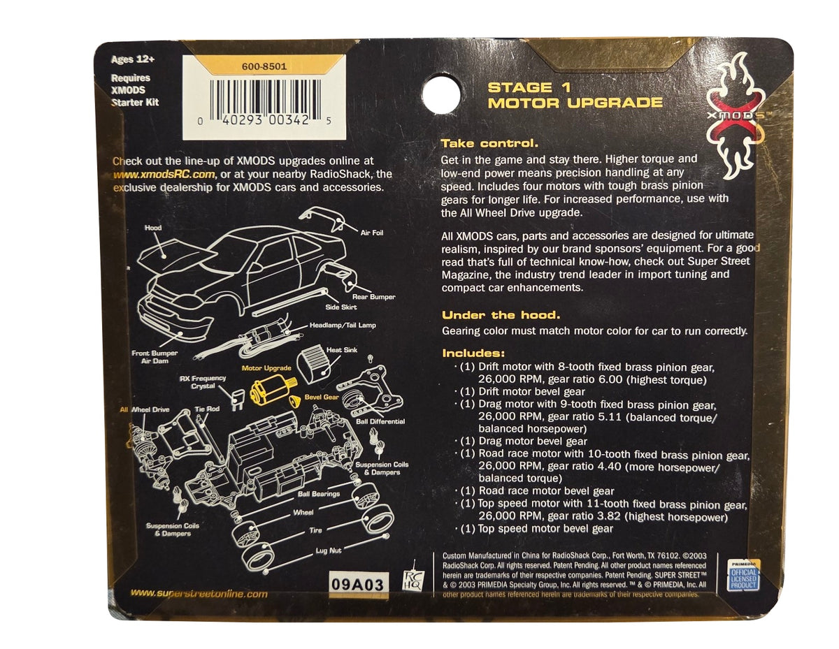 XMODS Super Street Stage 1 Motor Upgrade 600-8501 back view, new with yellowed packaging, white background