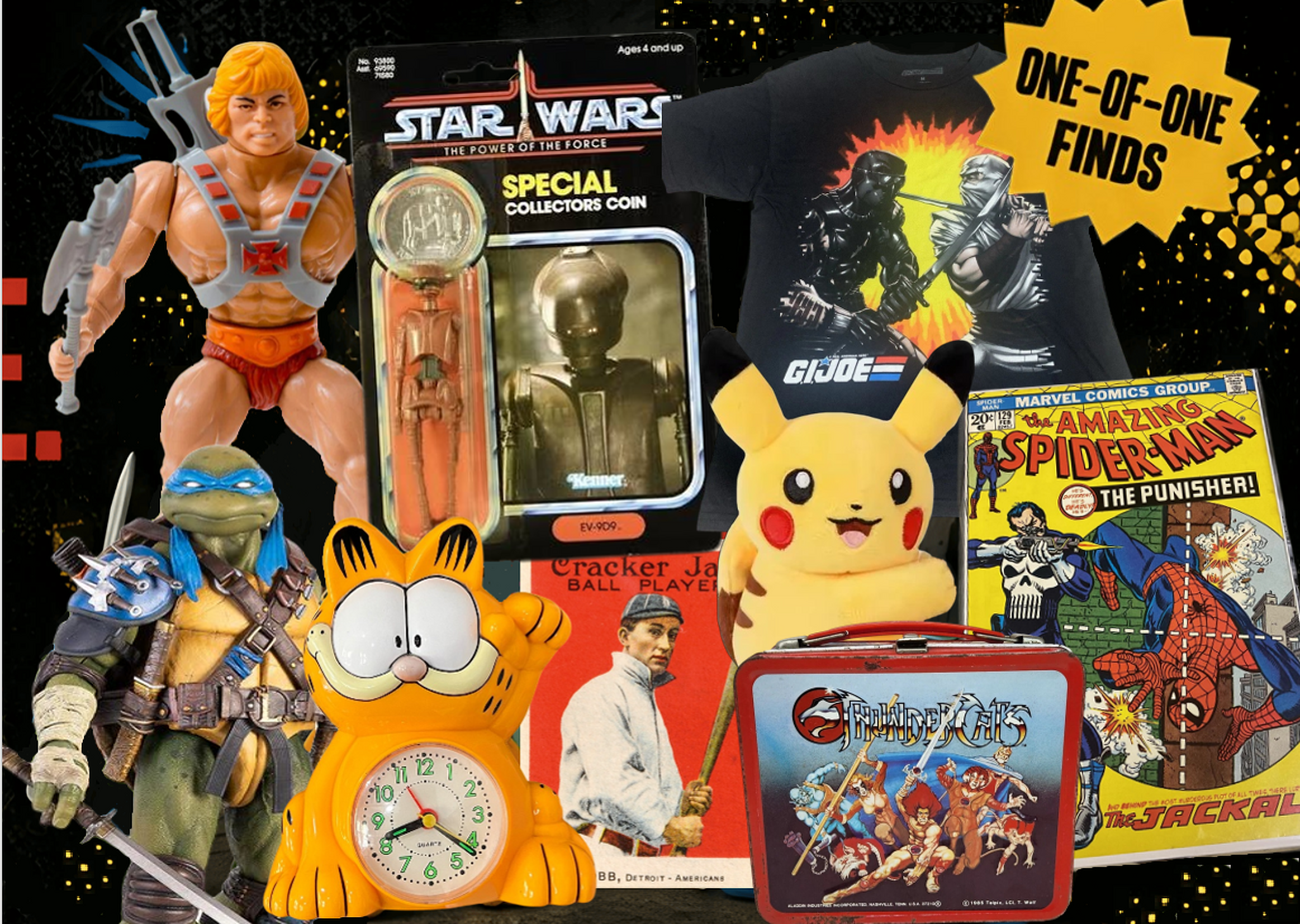 A colorful selection of collectible toys, apparel and vintage finds